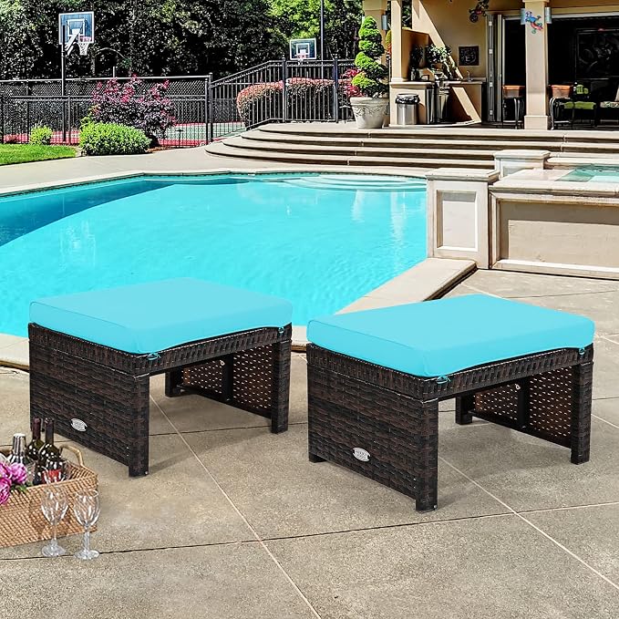 Tangkula 2 Pieces Patio Rattan Ottomans, All Weather Outdoor Footstool Footrest - Image 2