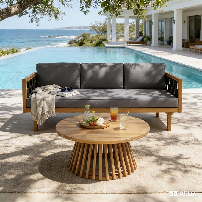 Merax 2 Piece Acacia Wood Outdoor Conversation Set, 3-Seater Outdoor Daybed Sofa - Image 3