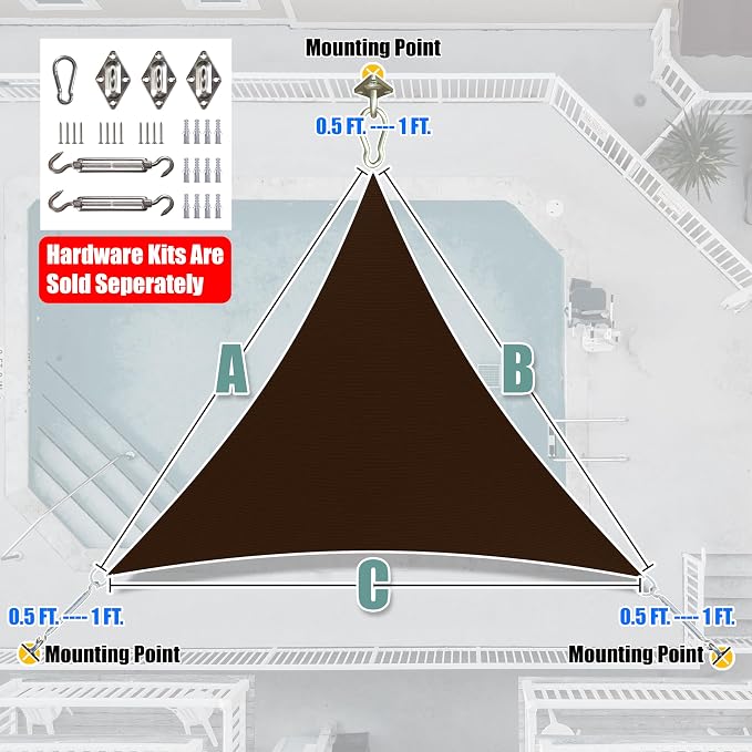 Amgo Custom Size 15' x 15' x 15' Brown Triangle Sun Shade Sail UPF50+ AGTAPRT12 - Image 8