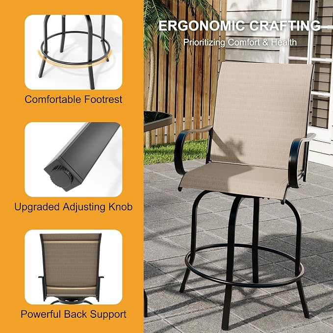 GarveeLife 2 Piece Outdoor Swivel Bar Chairs, Patio High Swivel Bar Stools - Image 6