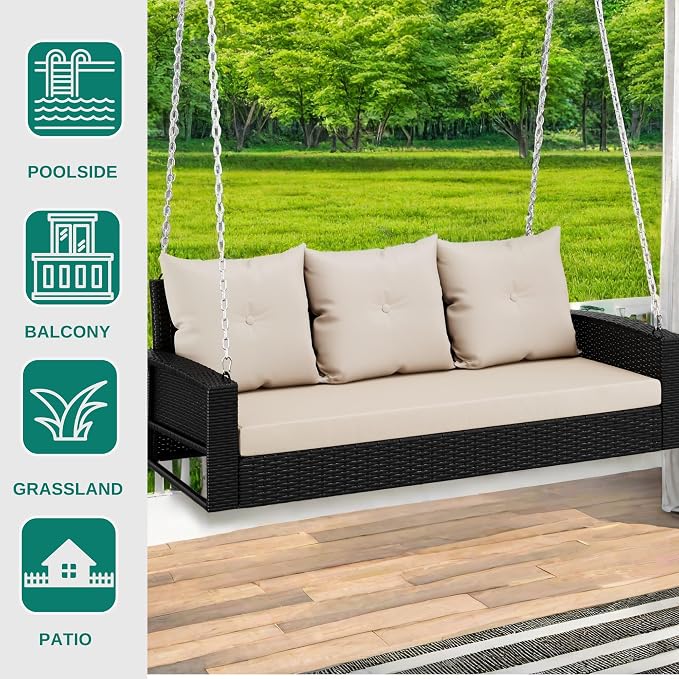 YITAHOME 3-Seats Outdoor Hanging Porch Swing Chair Rattan Black Wicker Patio - Image 5