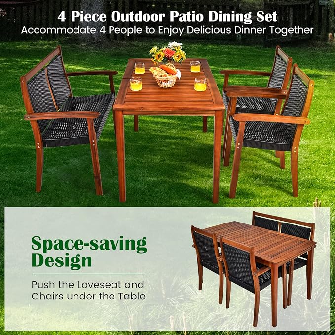 COSTWAY 4 Piece Patio Rattan Dining Furniture Set, Outdoor Acacia Wood Frame - Image 6