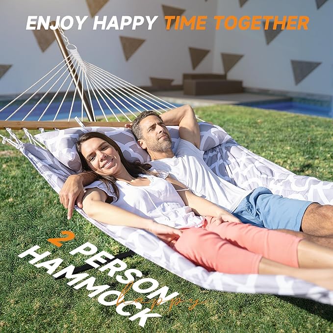 2 Person Outdoor Hammock with Stand, Cotton Rope Hammock with Polyester Pad - Image 4