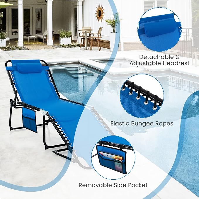 GYMAX Lounge Chairs for Outside, Extra High Folding Beach Tanning Lounger - Image 7