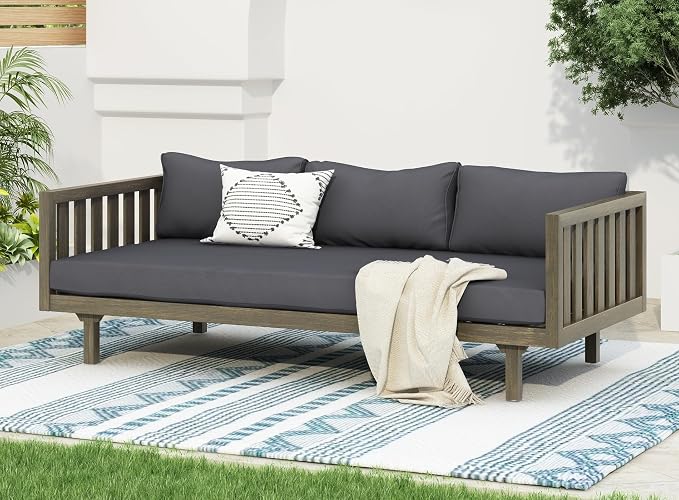Merax Outdoor 3 Seater Daybed, Acacia Wood Day Bed Couch Sofa - Image 4