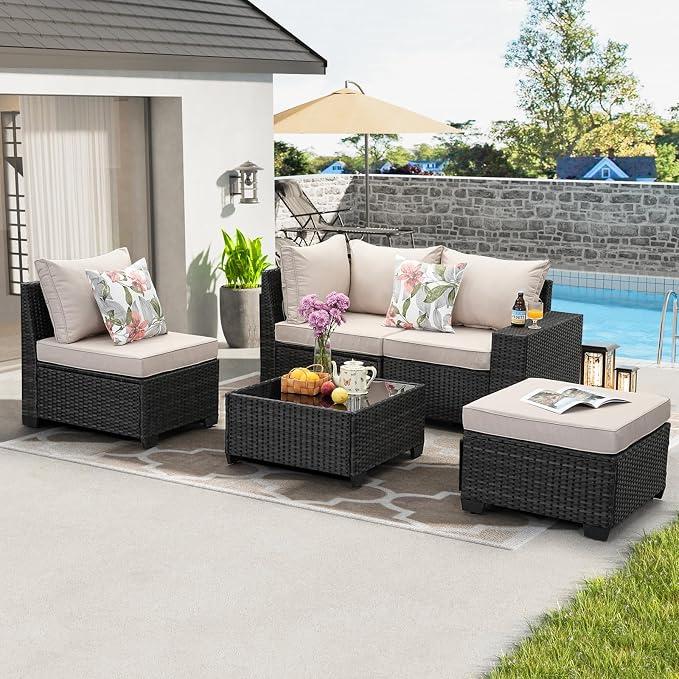 5 Pieces Patio Furniture Set All-Weather Outdoor Wicker Sectional Conversation - Image 7