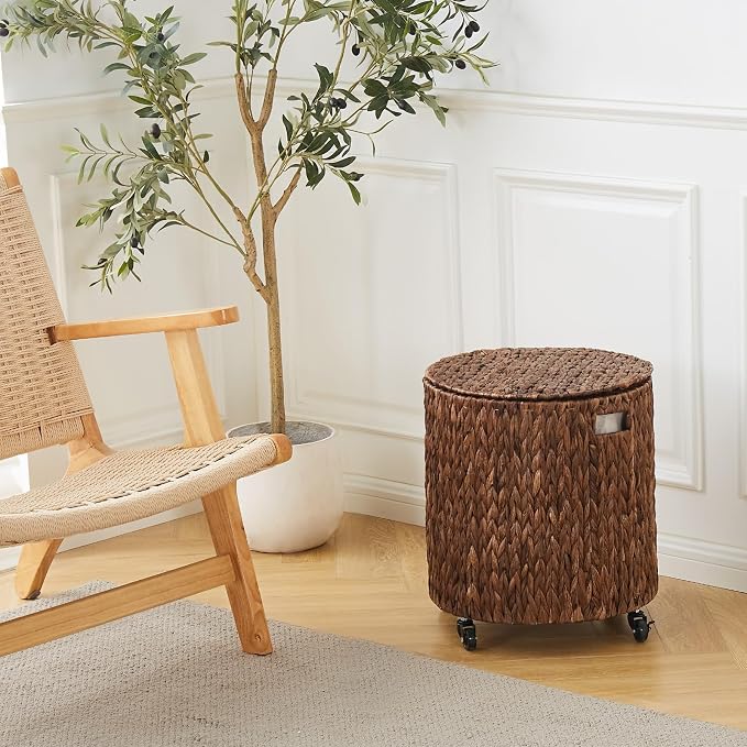 Wimarsbon Round Pouf Ottomans, Handwoven Natural Water Hyacinth Seagrass Pouffe - Image 6