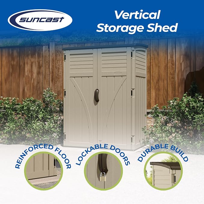 Suncast Outdoor Storage Shed, Water Resistant Resin Vertical Outdoor Storage - Image 2