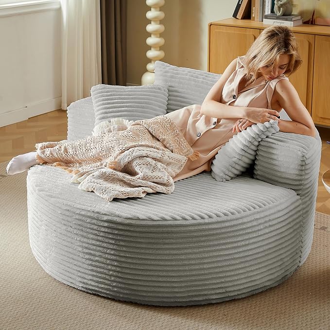Oversized Round Chair Lounge Chaise Indoor, Upholstered Corduroy Deep Seat - Image 3