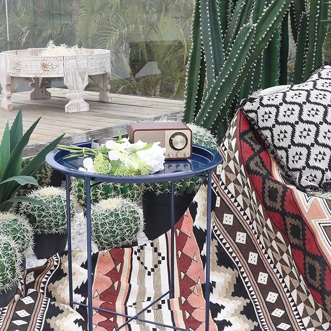 Garden 4 you End Table 2 PCS Metal Side Table Dark Blue Round Folding Tray Cyan - Image 9