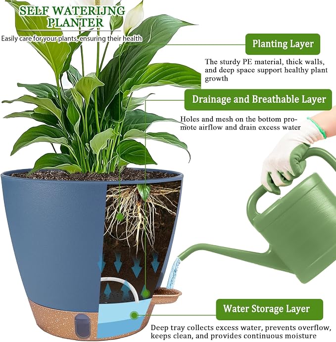 2 Pack 8 inch Plant Pots, Plastic Self Watering Planters - Image 3