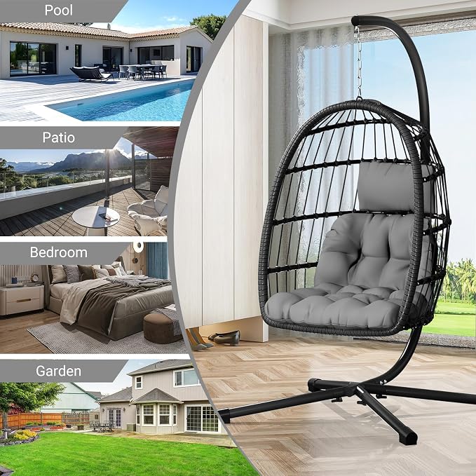 CHABATREE Egg Chair with Stand, Patio Rattan Wicker Hanging Swing Egg Chair - Image 6