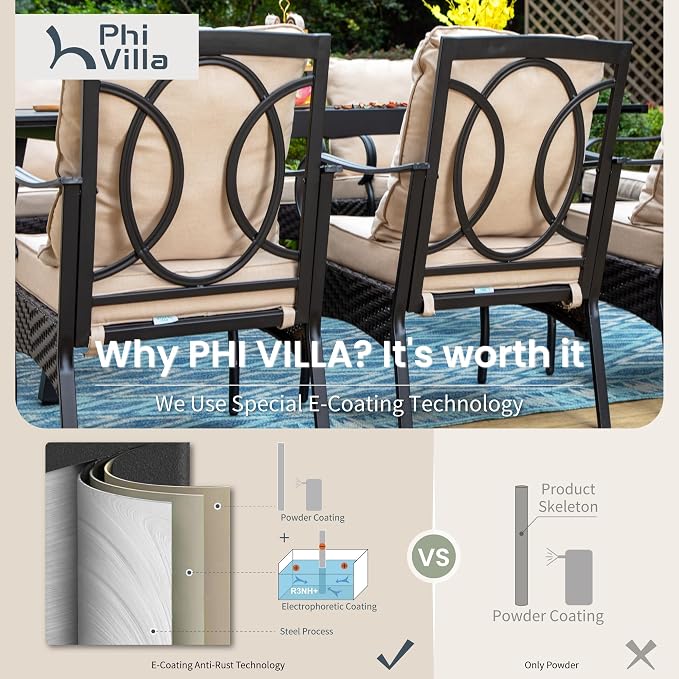 PHI VILLA Patio Chairs Set of 6, Heavy Duty Outdoor Metal Wicker Dining Chair - Image 9