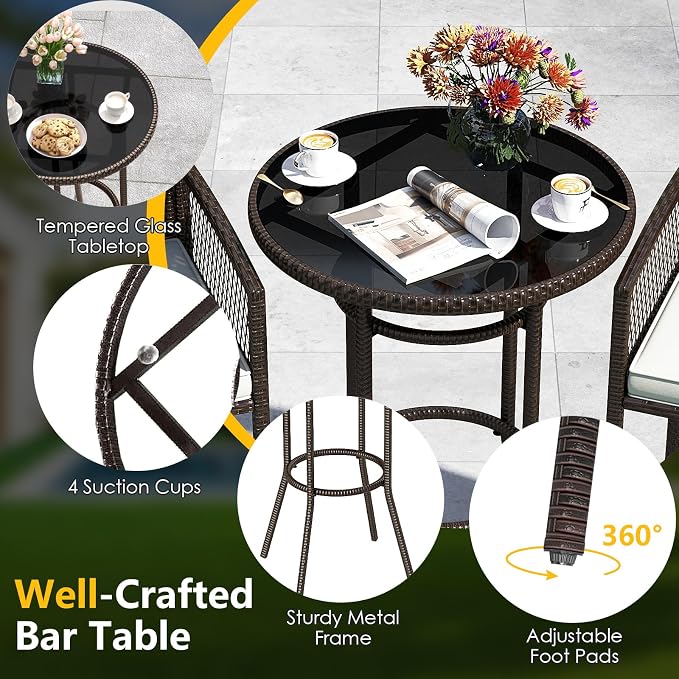Tangkula 3 Piece Patio Bar Set, Outdoor Heavy Duty Wicker Bar Height Table & 2 - Image 8