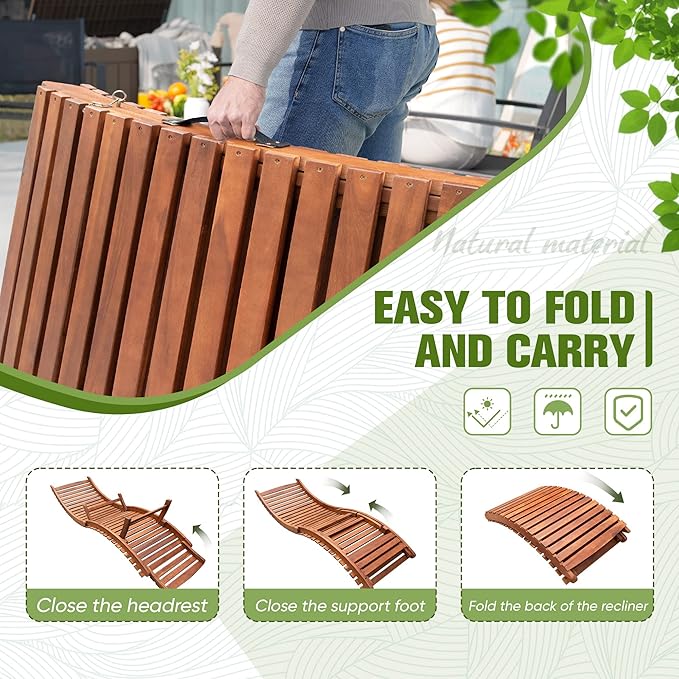 Devoko Patio Chaise Pool Lounge Outdoor Folding Wooden Lounge Chair - Image 4