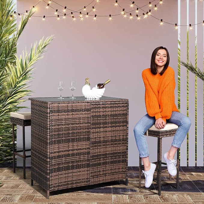 Outvita Outdoor Bar Table, 3 Piece Rattan Patio Bar Set - Image 7