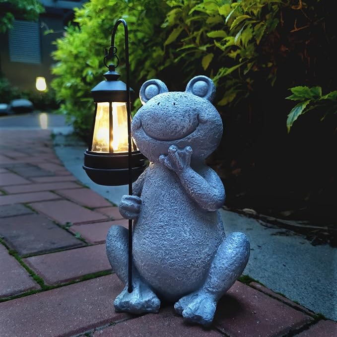 Frog Solar Garden Statues, Resin Frog Figurine Decorations by Qobumy