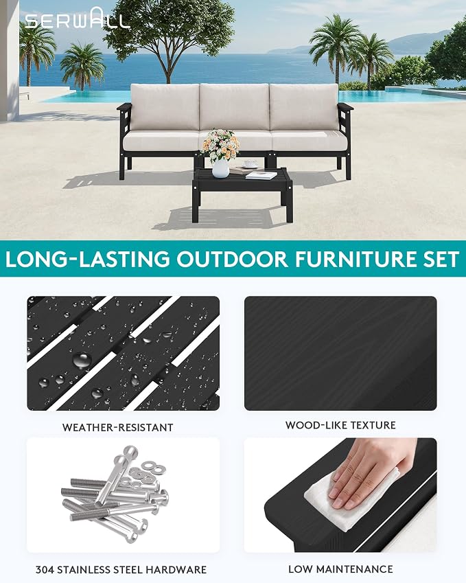 SERWALL HDPE Outdoor Furniture Set, 4 Pieces Patio Sectional Sofa Set, - Image 3