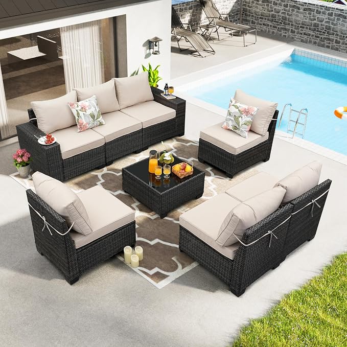 8 Pieces Patio Furniture Set All-Weather Outdoor Wicker Sectional Conversation by JOYURE