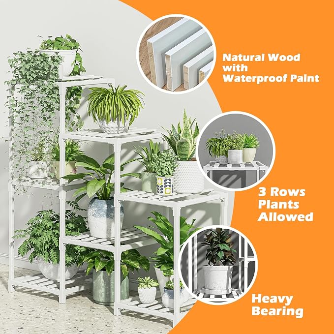 Bamworld Indoor Plant Stand Outdoor White Shelf Bamboo Plant Table - Image 6
