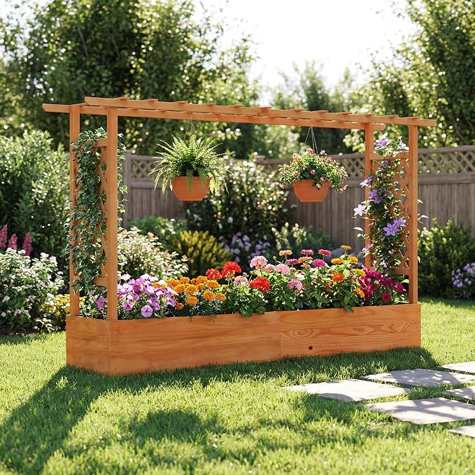 Giantex Raised Garden Bed with Trellis & Hanging Roof, Wood Planter Box with - Image 8
