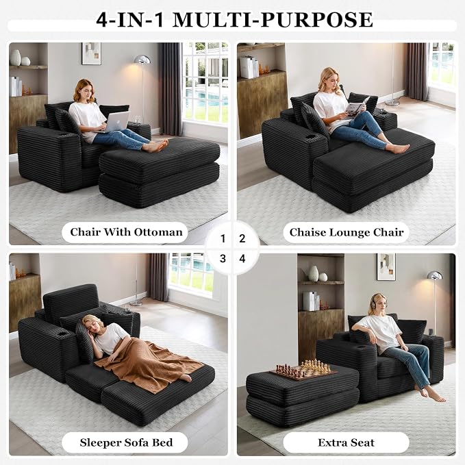 HANXIN 62" Chaise Lounge Chair Indoor, Oversized Corduroy Boneless Convertible - Image 4