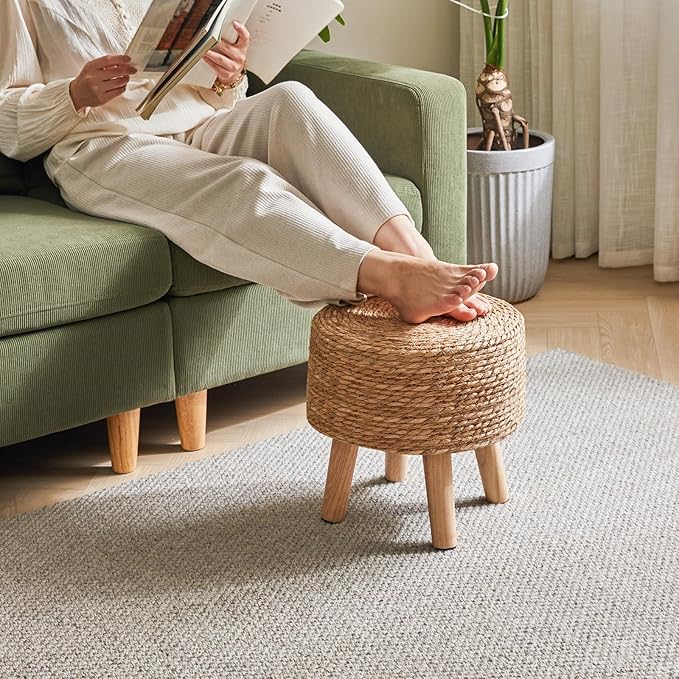 YMYNY Foot Stool Natural Seagrass Hand Weave, 12.6" Small Ottoman, Round - Image 5