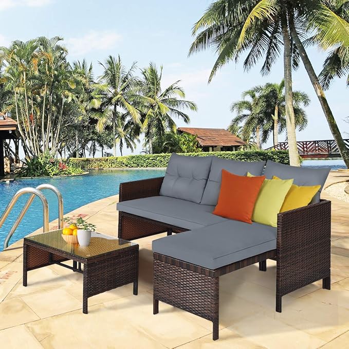 Tangkula Patio Corner Sofa Set 3 Piece, Outdoor Rattan Sofa Set, Includes - Image 4