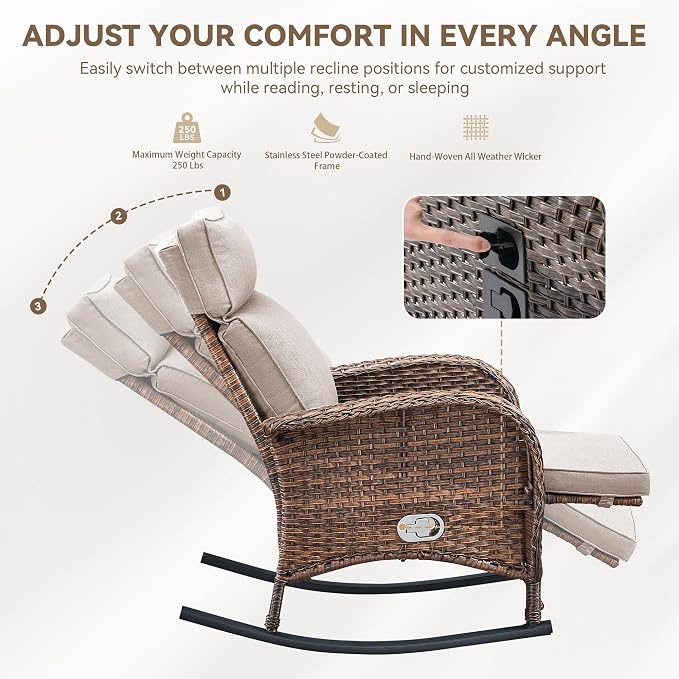 Zero Gravity Patio Rocking Wicker Recliner Chairs Set of 2- Wicker Outdoor - Image 6