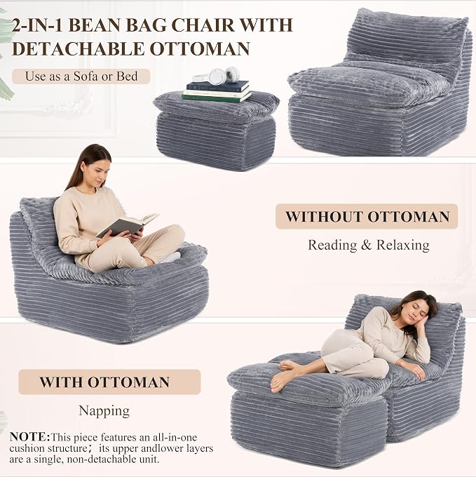 Boneless Chaise Lounge Chair Indoor, Adult Bean Bag Chair - Image 7