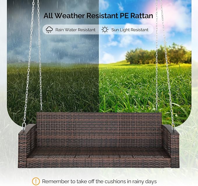 VINGLI Heavy Duty 800 LBS Wicker Hanging Porch Swing - Image 4