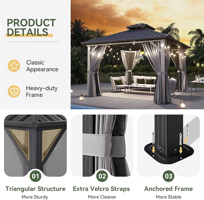 Aoxun 12'x12' Hardtop Gazebo, Aluminum Frame Canopy - Image 4