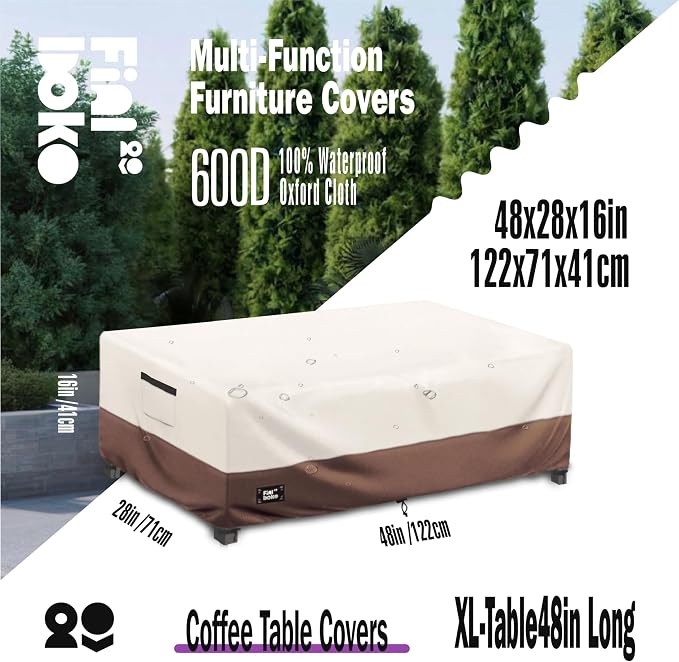 Patio Coffee Table Cover, 100% Waterproof 600D Heavy Duty Outdoor Table Cover - Image 2