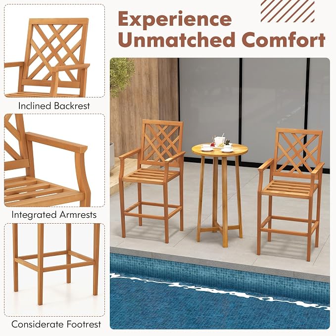 Tangkula 3 Piece Patio Bar Set, Teak Wood Bistro Furniture - Image 7