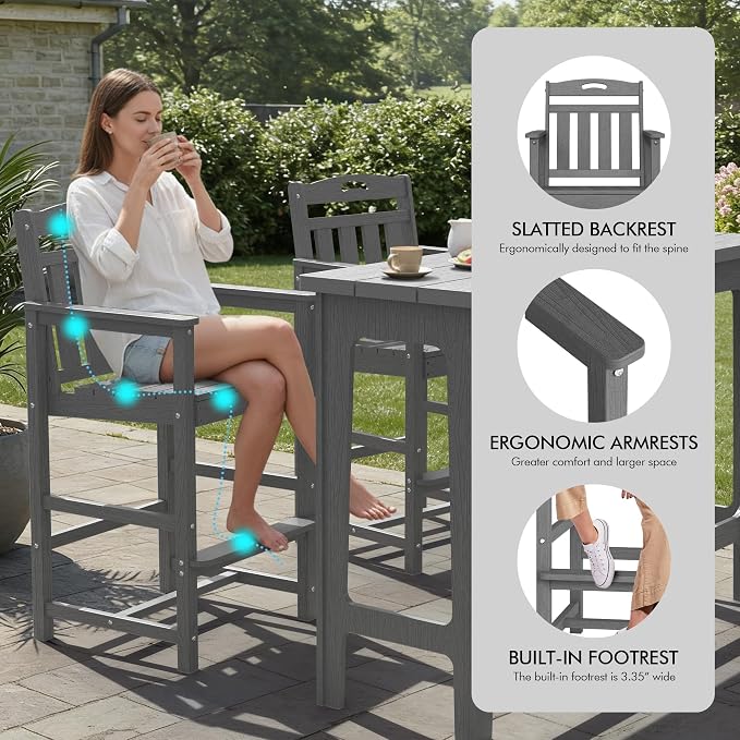 Ciokea 3 Pcs Outdoor Bar Height Table Set, Heavy-Duty All-Weather HDPE Patio - Image 6