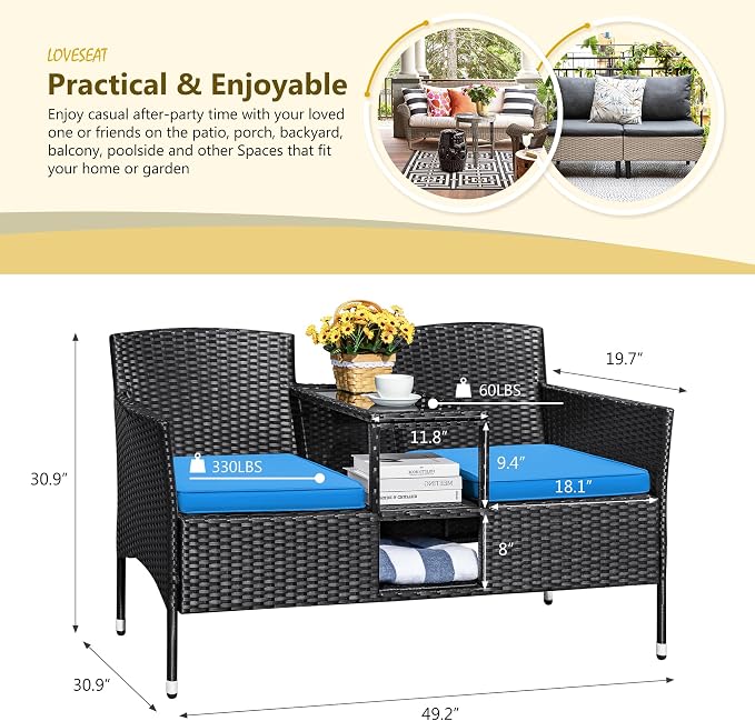 Devoko Outdoor Patio Loveseat Modern Rattan 2-Seat Patio Conversation Set - Image 6