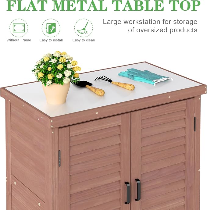 Outdoor Potting Bench with Storage Cabinet and Metal Top, Wood Workstation - Image 3