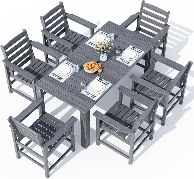 Outdoor HDPE Dining Table Set, 7-Piece Outdoor Dining Table Sets, Wood Grain - Image 8