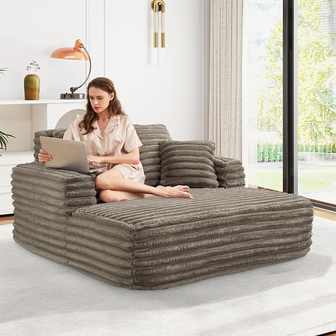 56" Oversized Chaise Lounge Chair Indoor, Plush Faux Fur Sleeper Sofa Couch Bed - Image 6