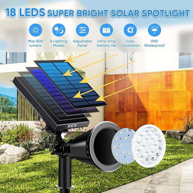 KEV Solar Spot Lights Outdoor, 18 LEDs Color Changing RGB Solar Flood Lights - Image 2