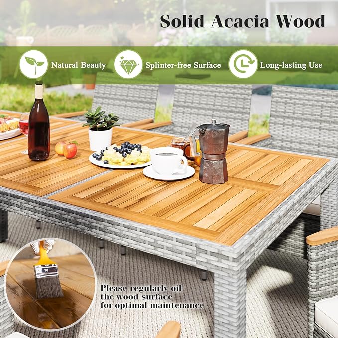 Tangkula 9 Pieces Patio PE Wicker Dining Set, Outdoor Acacia Wood Table and - Image 4