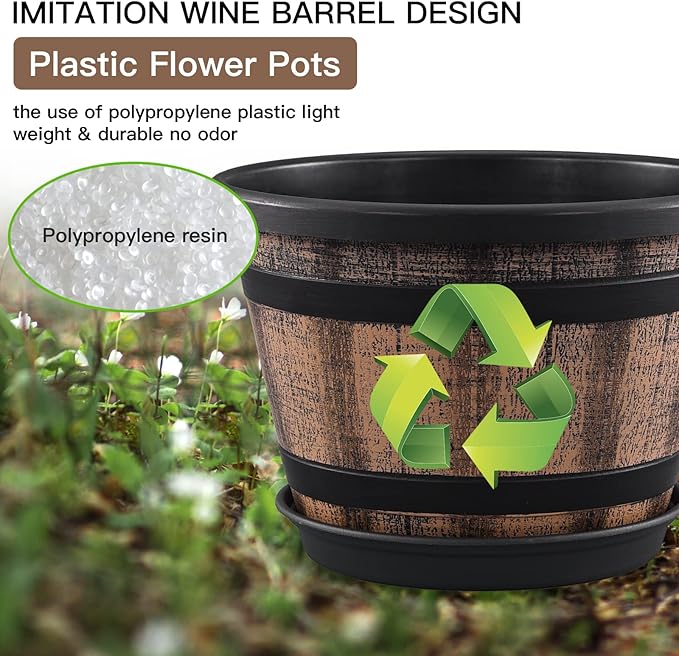 Quarut Plant Pots Set of 4 Pack 12 inch, Large Whiskey Barrel Planters - Image 4