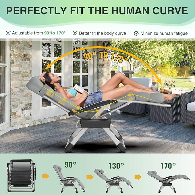 Suteck Oversized Zero Gravity Chair, 29In XL Outdoor Recliner Chair w/Removable - Image 4