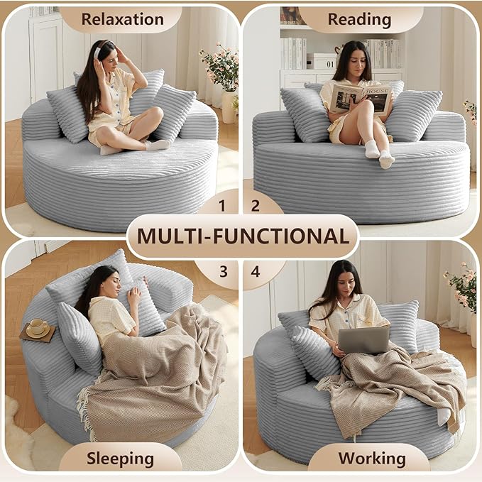 Oversized Round Chair Lounge Chaise Indoor, Upholstered Corduroy Deep Seat - Image 5
