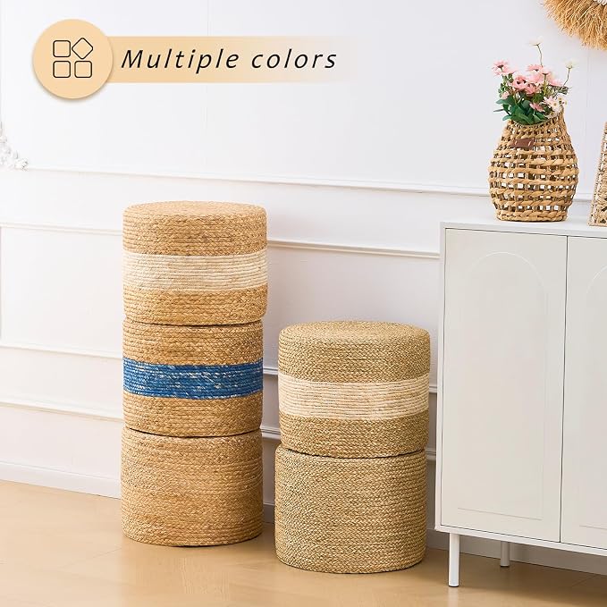 Handwoven Water Hyacinth Ottoman Pouf, Round Outdoor Footstool - Image 7