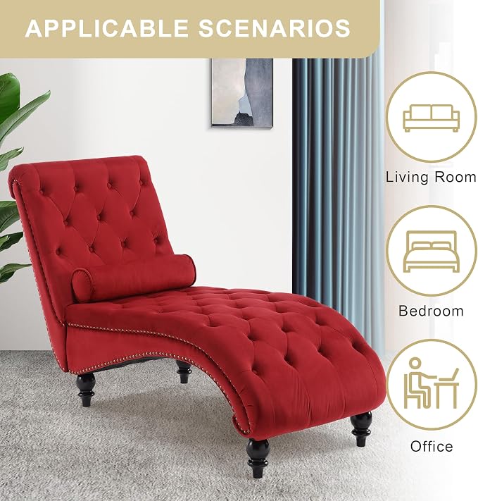 Chaise Lounge Indoor, Velvet Upholstered Lounge Chair Button-Tufted Armless - Image 7