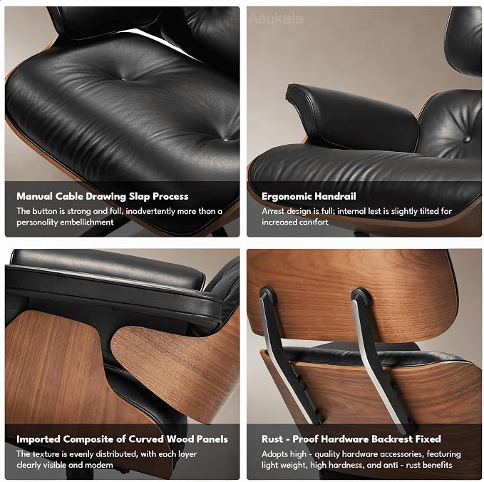 Top Black Grain Leather, Mid Century Chaise Lounge Chair and Ottoman, Leather - Image 9