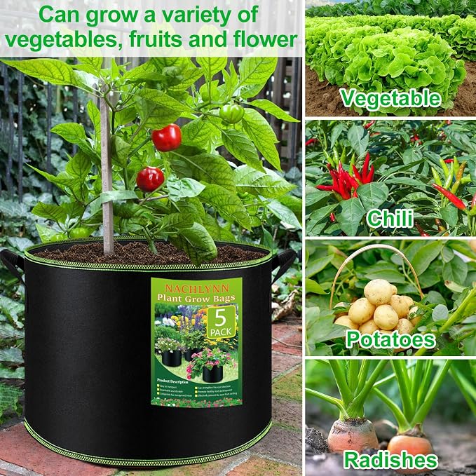 NACHLYNN 5-Pack 5 Gallon Grow Bags Heavy Duty Aeration Fabric Pots - Image 7