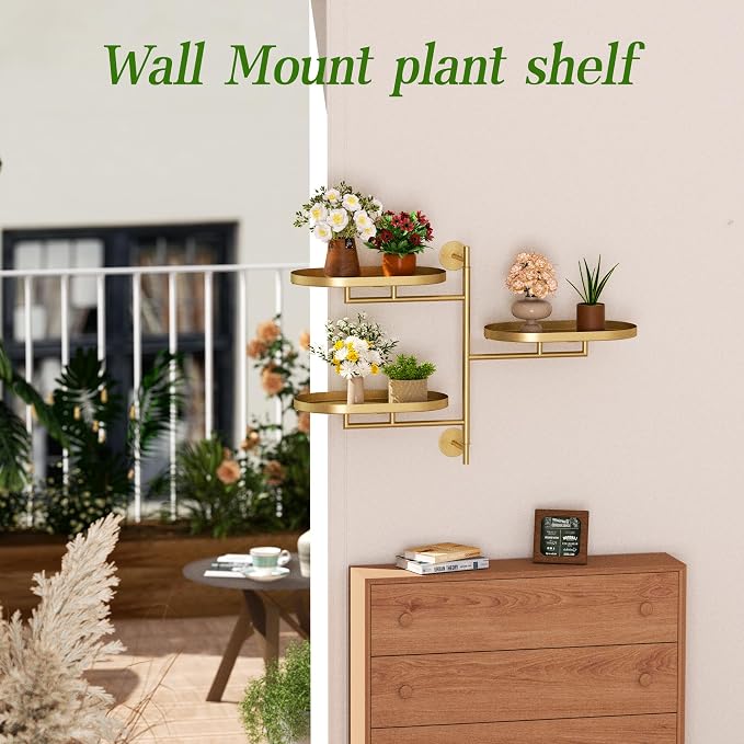 Window Rotating Plant Stand Shelf Indoor Gold Metal Floating Shelves 3-Tier - Image 7