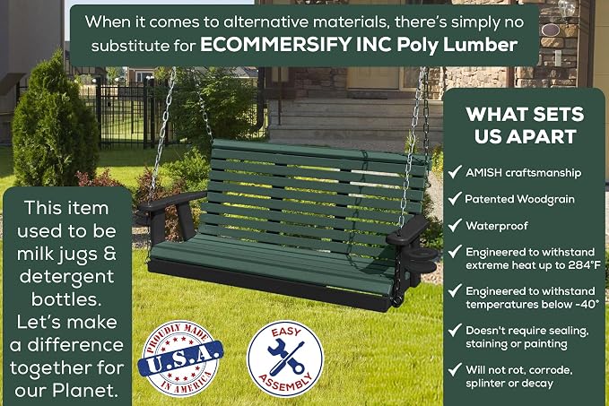 Poly Lumber Wood 5FT Porch Swing Amish Craftsmandship Made in USA HDPE - Image 3